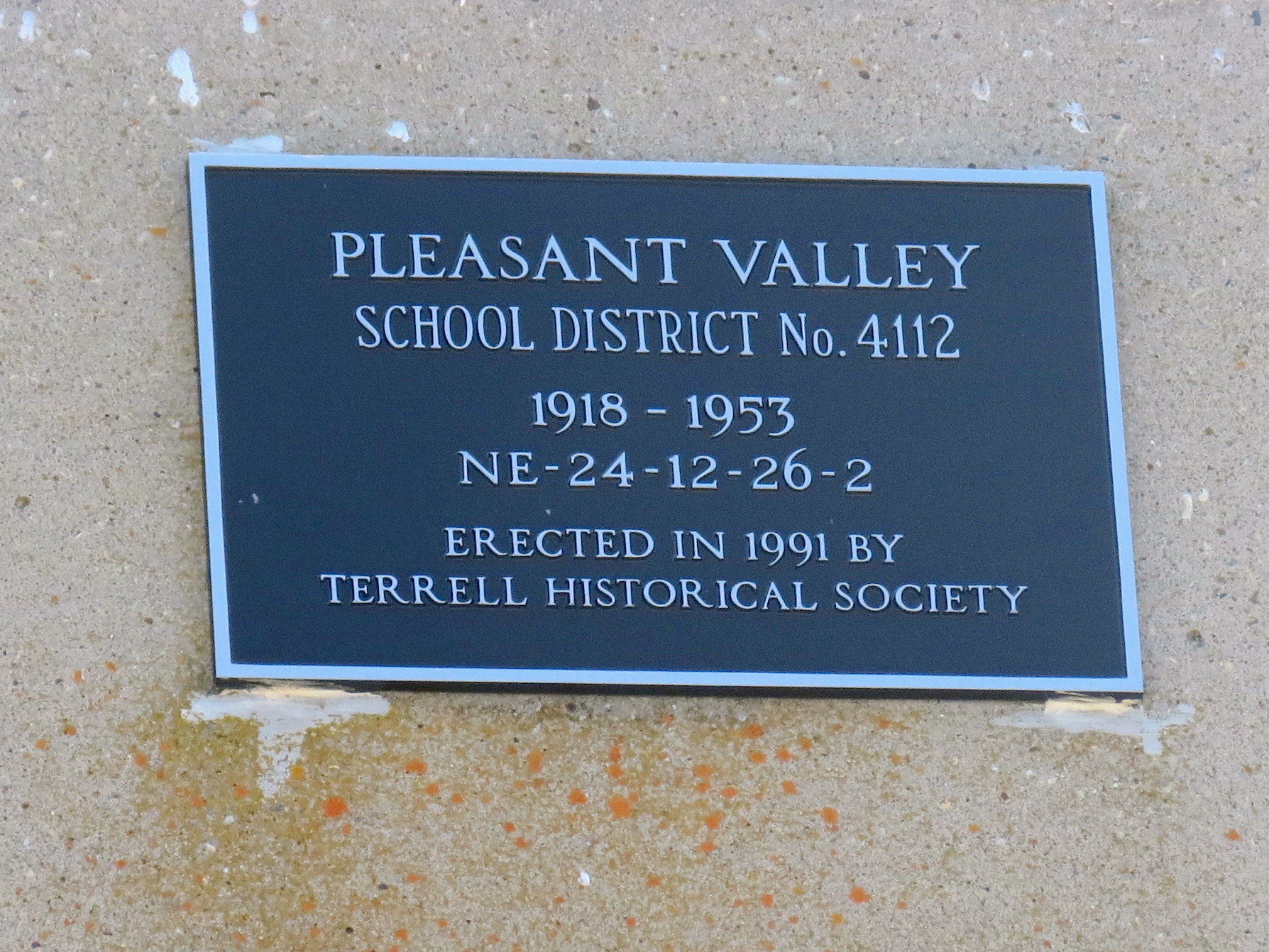 Pleasant Valley School District 4112, 1918-1953, north east section 24 township 12 range 26 west of the second meridian, near Spring Valley north east section 30 township 11 range 25 west of the second meridian, 